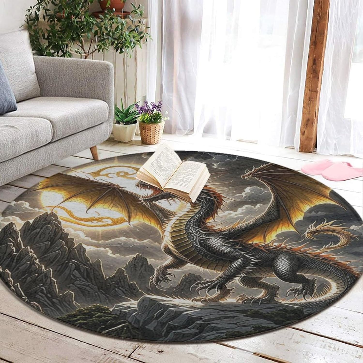 Home Bathroom Scene - Majestic Dragon Round Rug Fantasy Mountain