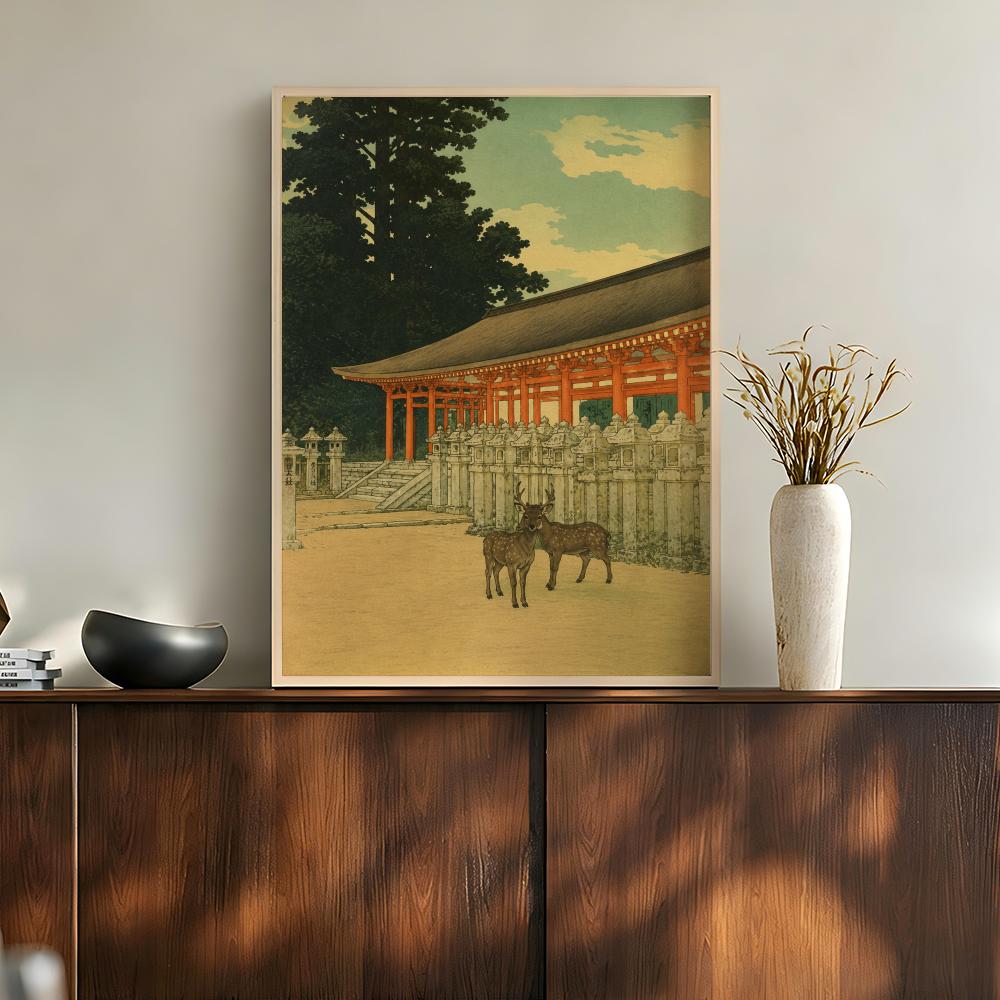 Home Bathroom Scene - Vintage Japanese Temples Pagodas Landscape Woodblock